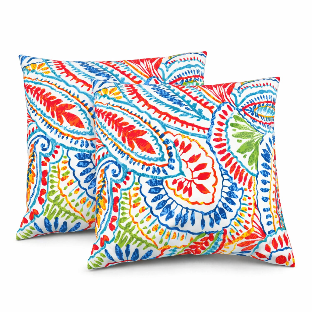 2-Pack Waterproof Outdoor Throw Pillows, 18x18 Inch, Vibrant Paisley Water-Resistant Patio Pillows for Deck, Porch & Garden