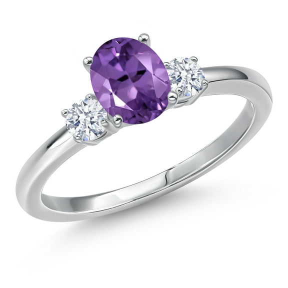 Gem Stone King 14K White Gold Purple Amethyst and White Zirconia Engagement Ring for Women | 0.97 Cttw | Oval 7X5MM | Gemstone February Birthstone | Size 6