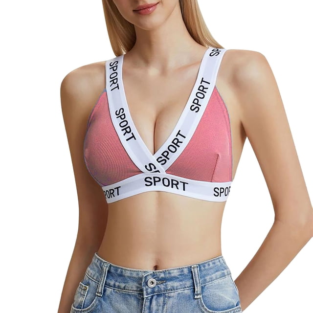 ManxiVoo Contrast Trim Bralette with Fashionable Letter Detail Comfortable Wireless Triangle Cup Top S Size Pink
