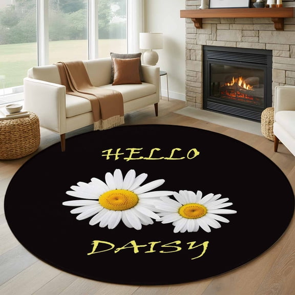 Round Area Rug 8 Ft, White Daisy Washable Non-Slip Circle Carpet for Living Room/Bedroom, Spring Hello Daisy Floral Black Collection Low-Profile Large Area Rugs for Indoor