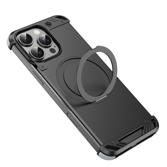 ELEHOLD for iPhone 16 Pro Max Case,Compatible with Mag safe Accessory, Bezel Less Metal Slim Hard Shockproof Ultra Thin Frameless Case with Ring Stand Holder Magnetic Cover,Black