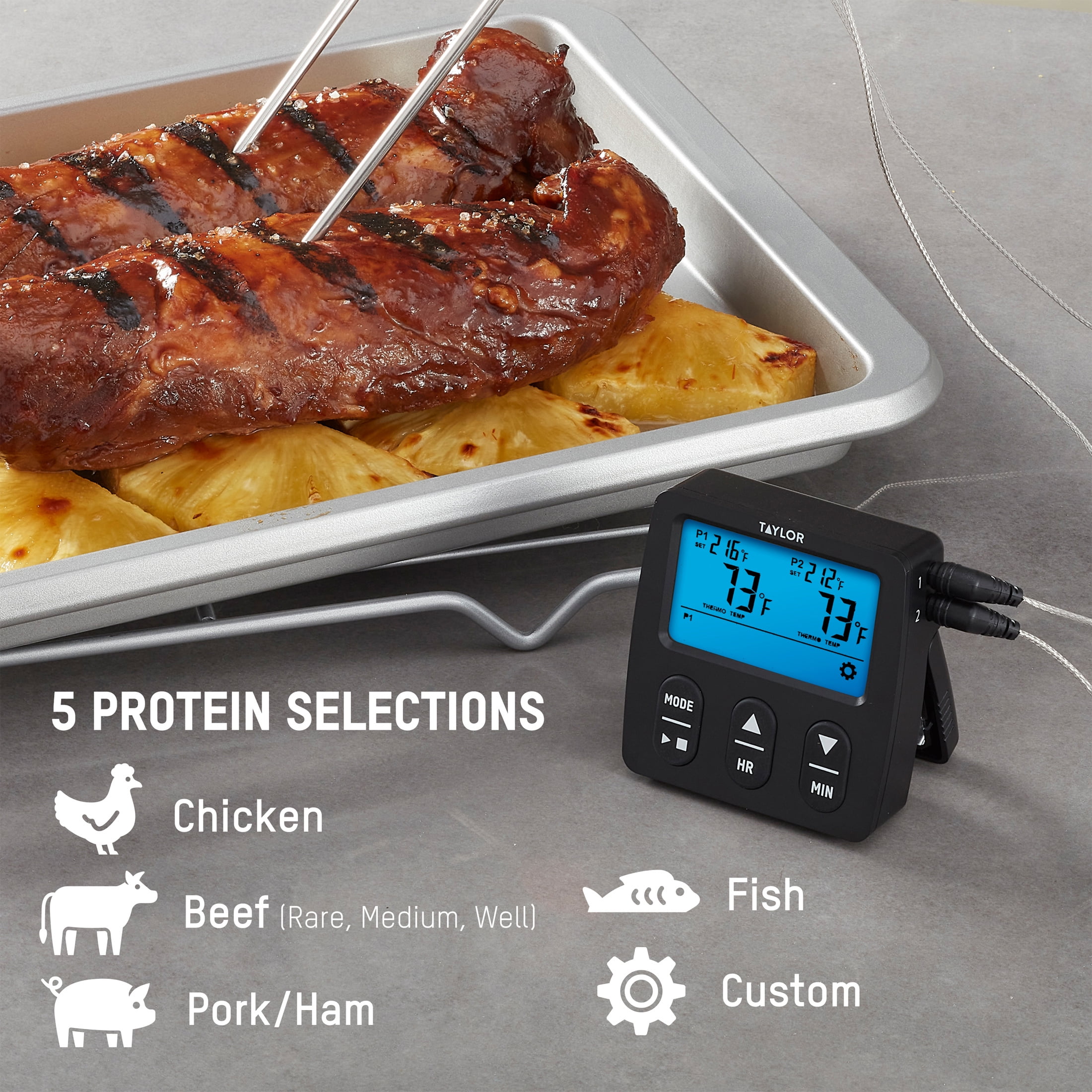 Taylor Programmable Dual Probe Digital Grill Food Thermometer, Stainless Steel, Black