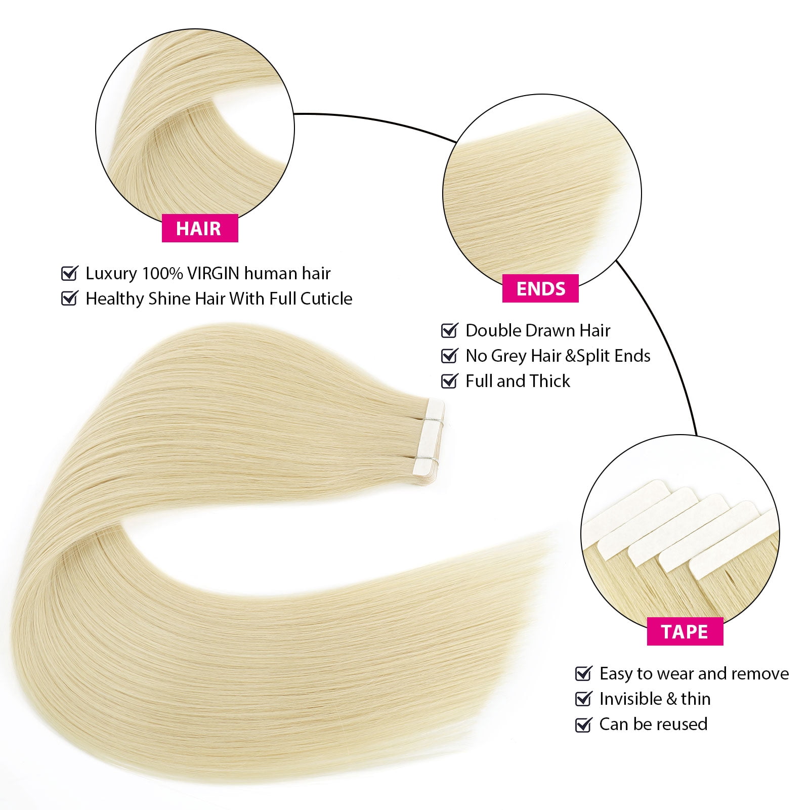 Sassina Tape-In Hair Extensions 100% Human Hair Beach Blonde #613 18 Inch 20pcs 50g