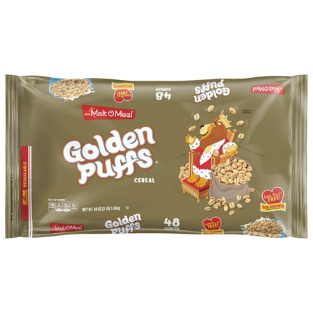 Malt-O-Meal Golden Puffs Breakfast Cereal, Puffed Wheat Cereal, 48 OZ Resealable Cereal Bag