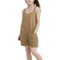 thumbnail image 4 of ZACPNCV Girls Sleeveless Jumpsuits V Neck Spaghetti Strap Romper Shorts with Pockets Casual Stretchy Short Overalls for Kids Beige 11-12 Years, 4 of 9