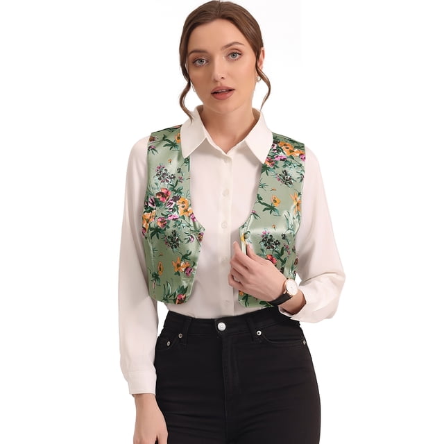 Traje De Navidad Para Mujer Chaleco De Satén Con Cierre De Botón Y Estampado Floral Verde XS