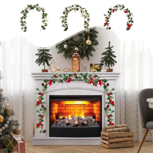 Simulación de Diseño Navideño, Decoración para Fiestas Navideñas de Ratán, Bayas Rojas y Ratán Suave.