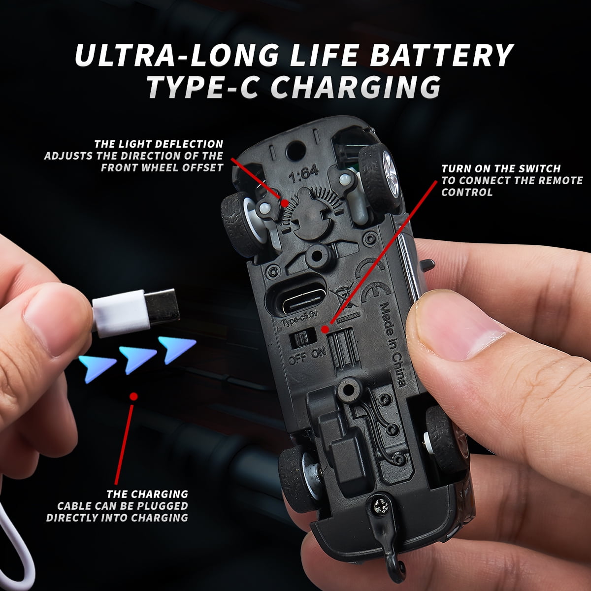 1: 64 mini large G remote control car, 2.4GHz dual frequency control, alloy body, adjustable speed and steering