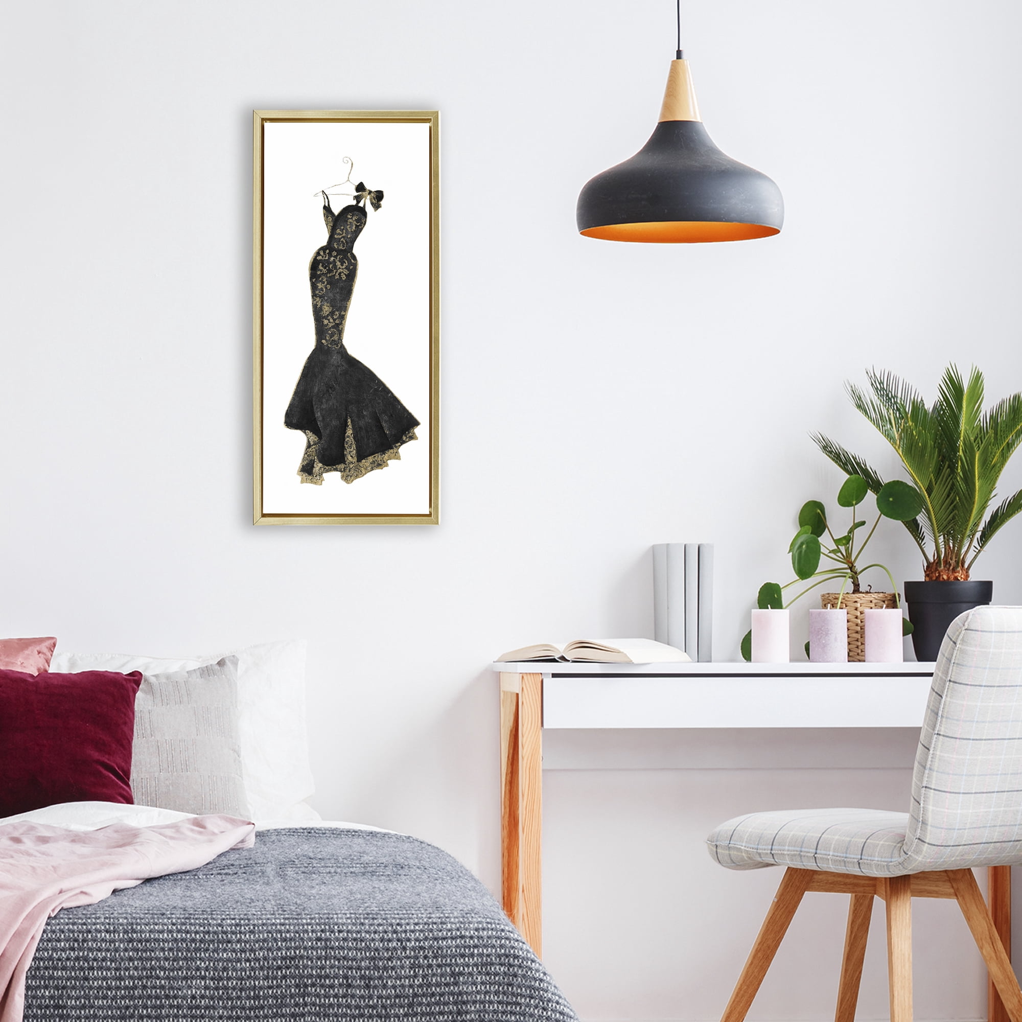 Stupell Industries Brocade Black Evening Gown Gold Framed Floater Canvas Wall Art, design by Janet Tava