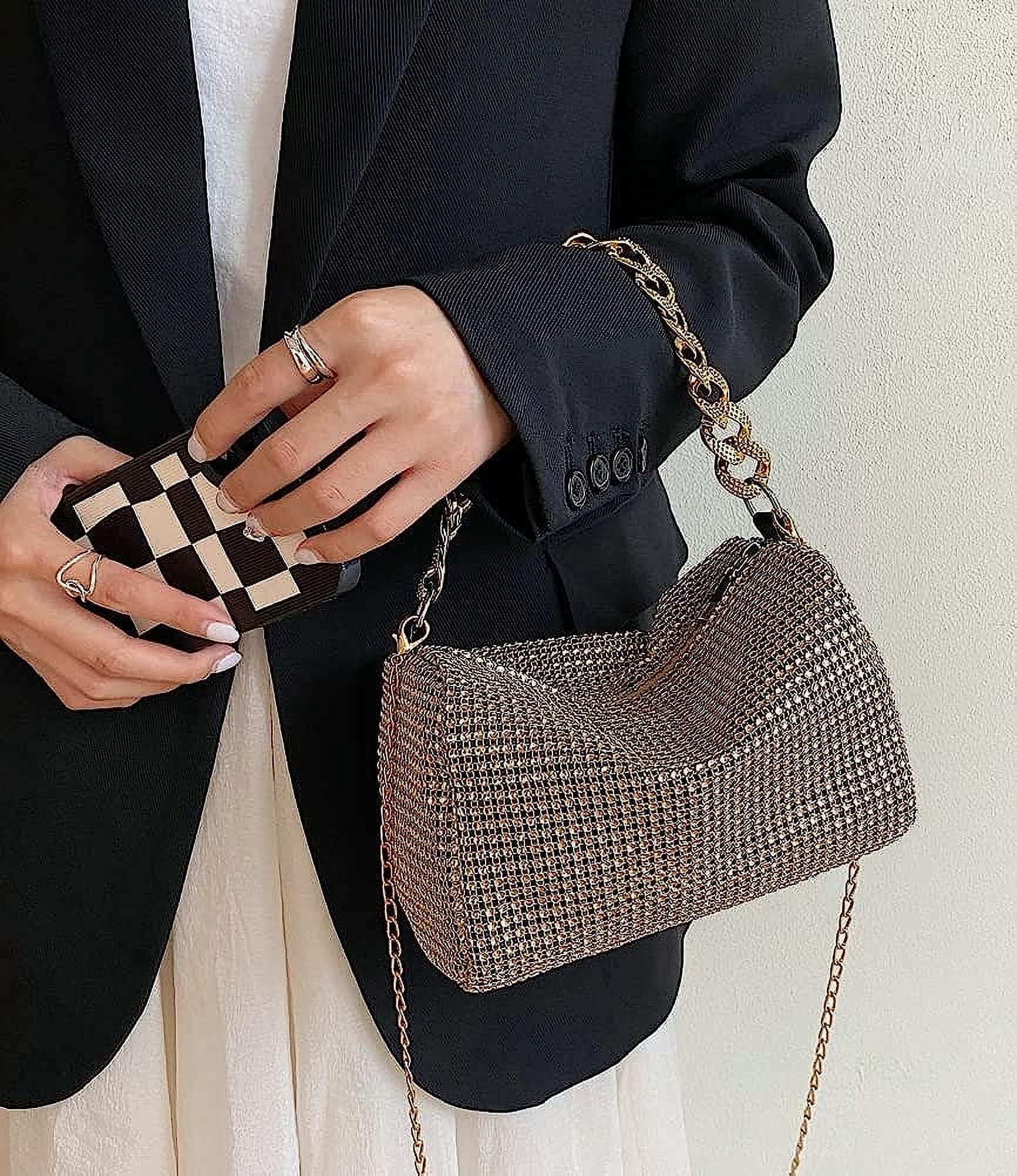 Kukuzhu Rhinestone Clutch for Women Sparkling Chain Evening Handbags Silver Purse Bling Hobo Handbag for Wedding Cocktail Party