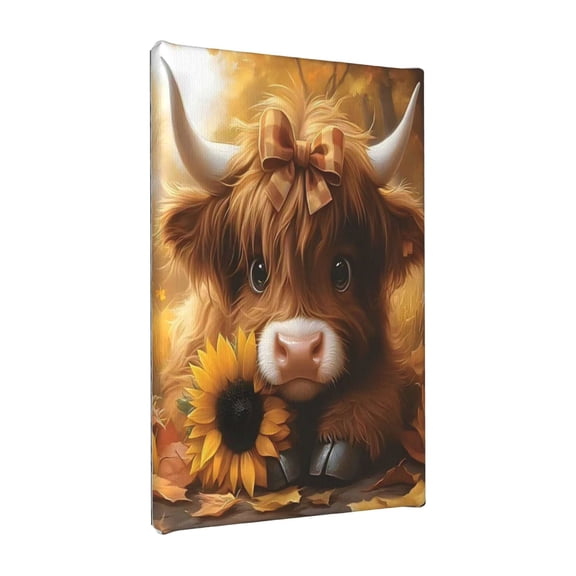 Fall Highland Cow Wall Art Framed, Cute Sunflower Brown Highland Cow Canvas Print, Rustic Autumn Farmhouse Wall Decor, 8x10 InAnimal Cow Artwork for Bathroom Bedroom Living Room Thanksgiving Decor
