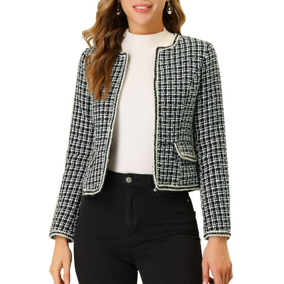 MODA NOVA Juniors Halloween Costume Plaid Tweed Open Front Office Short Blazer Black XS