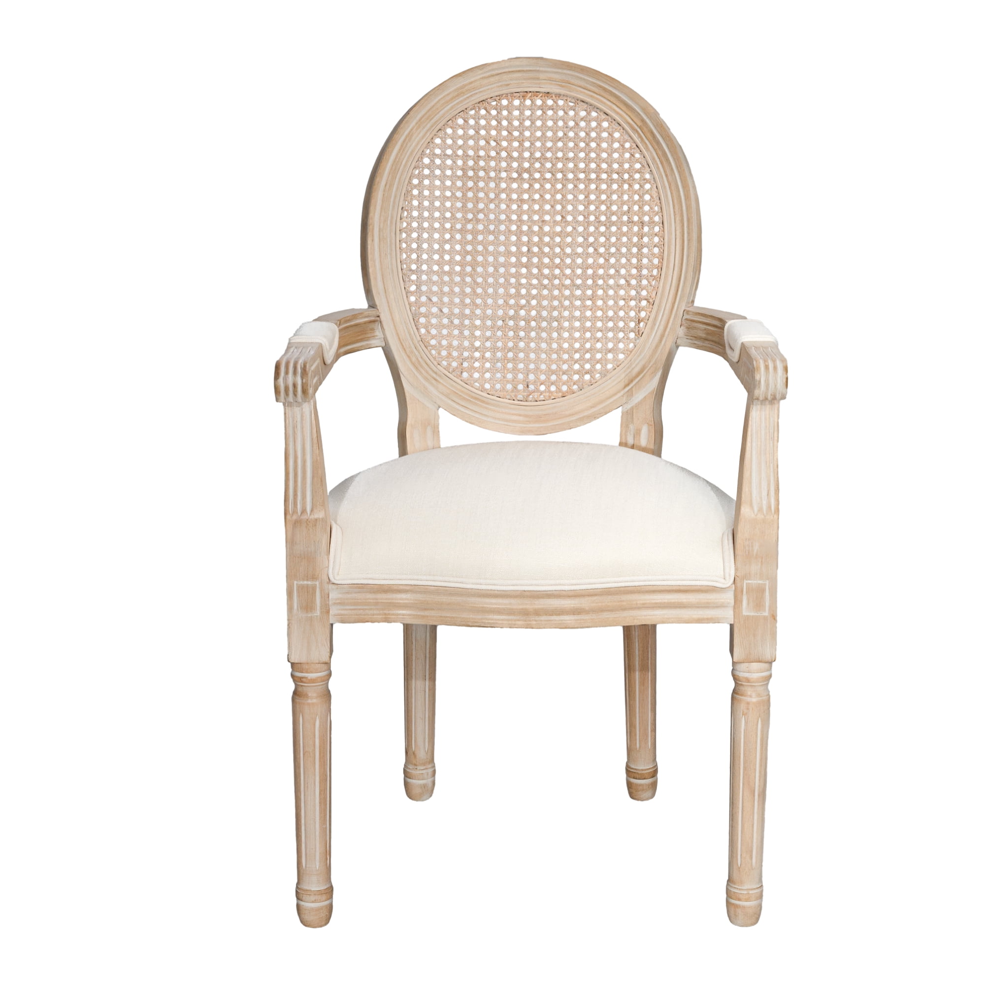 French Vintage Upholstered Dining Armchair Set of 2 with Rattan Mesh Backrest, Fabric Accent Chairs with Rubberwood Frame for Dining Room, Beige