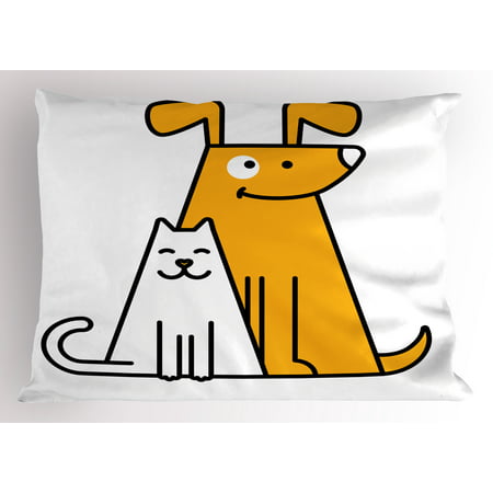 Cartoon Pillow Sham Cats and Dogs Human Best Friends Forever Kids Nursery Room Art Print, Decorative Standard Queen Size Printed Pillowcase, 30 X 20 Inches, Black White and Apricot, by