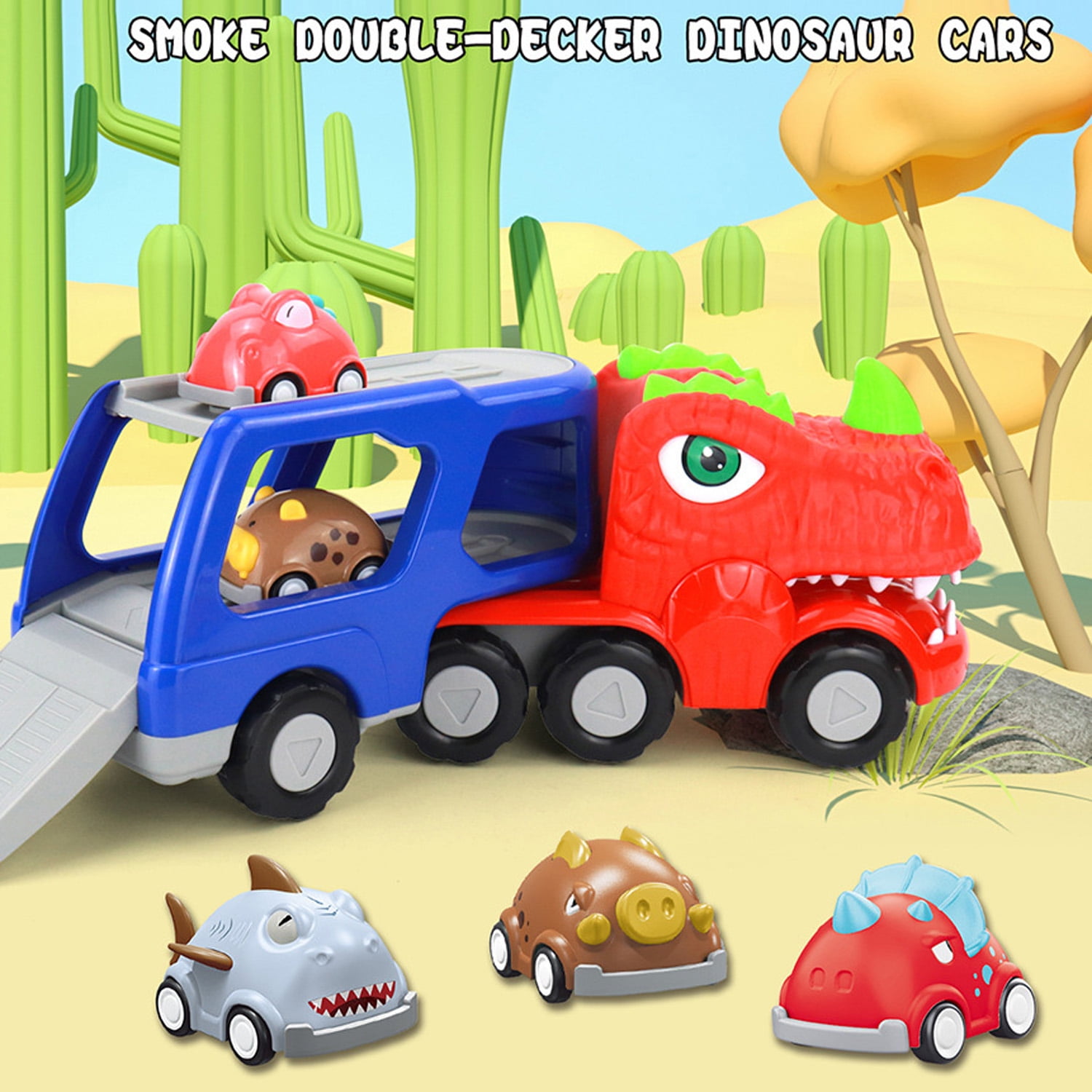 Dinosaur Truck Toy for Kids 35, Dinosaur Car Set with 4 Small Pull