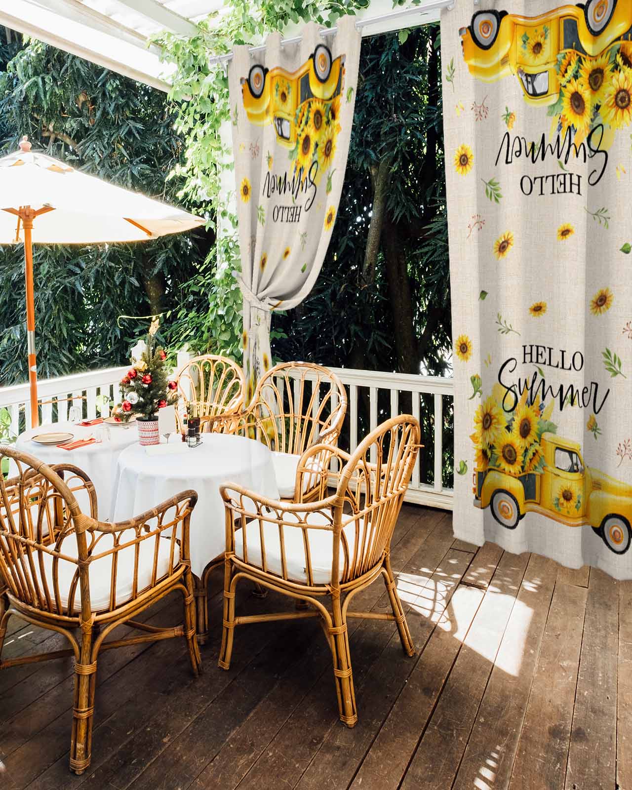 Outdoor Curtains for Patio, Summer Sunflower Waterproof Blackout Outside Curtain for Porch/Pergola/Gazebo, Yellow Truck Botanical Rustic Thermal Insulated Drapes for Cabana, 2 Panels, 54 x 95 Inch