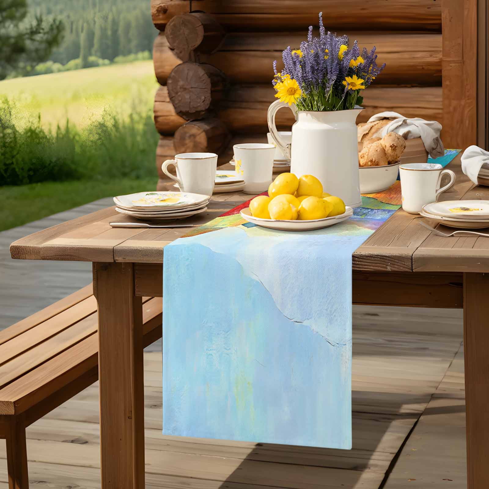Coloful Mountain Watercolor Oil Painting Art Table Runner 90 Inches Long, Abstract Geometric Modern Table Runners Tabletop Scarf Kitchen Dining Tables Decoration for Home Party Indoor Outdoor