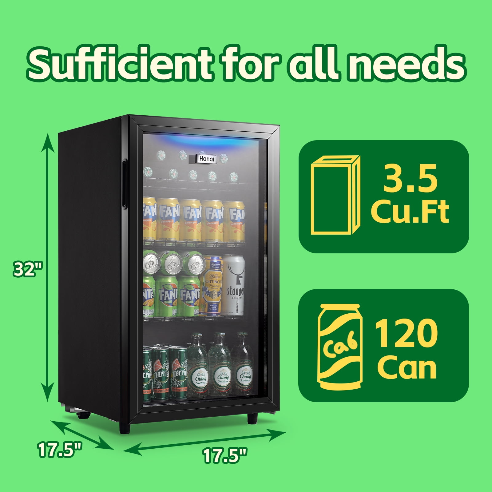 WANAI Beverage Refrigerator Cooler 3.5 Cu.ft Beer Fridge with Glass Door LED Light Adjustable Shelf