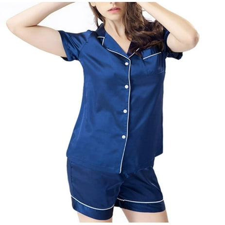 Womens Satin Silk Pajamas Set Short Sleeve Button-Down Pj Set Sleepwear Loungewear 2PCs Pjs with Pocket