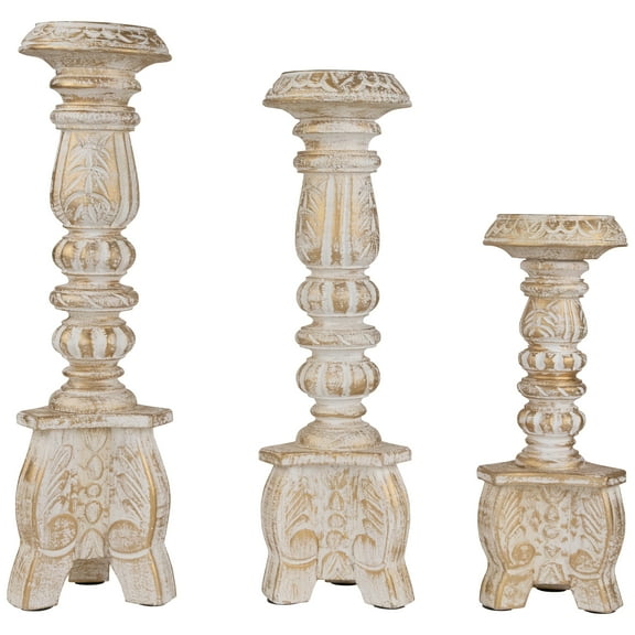 Northlight Brushed Tripod Wooden Pillar Candle Holders - 10" - Gold and White - Set of 3