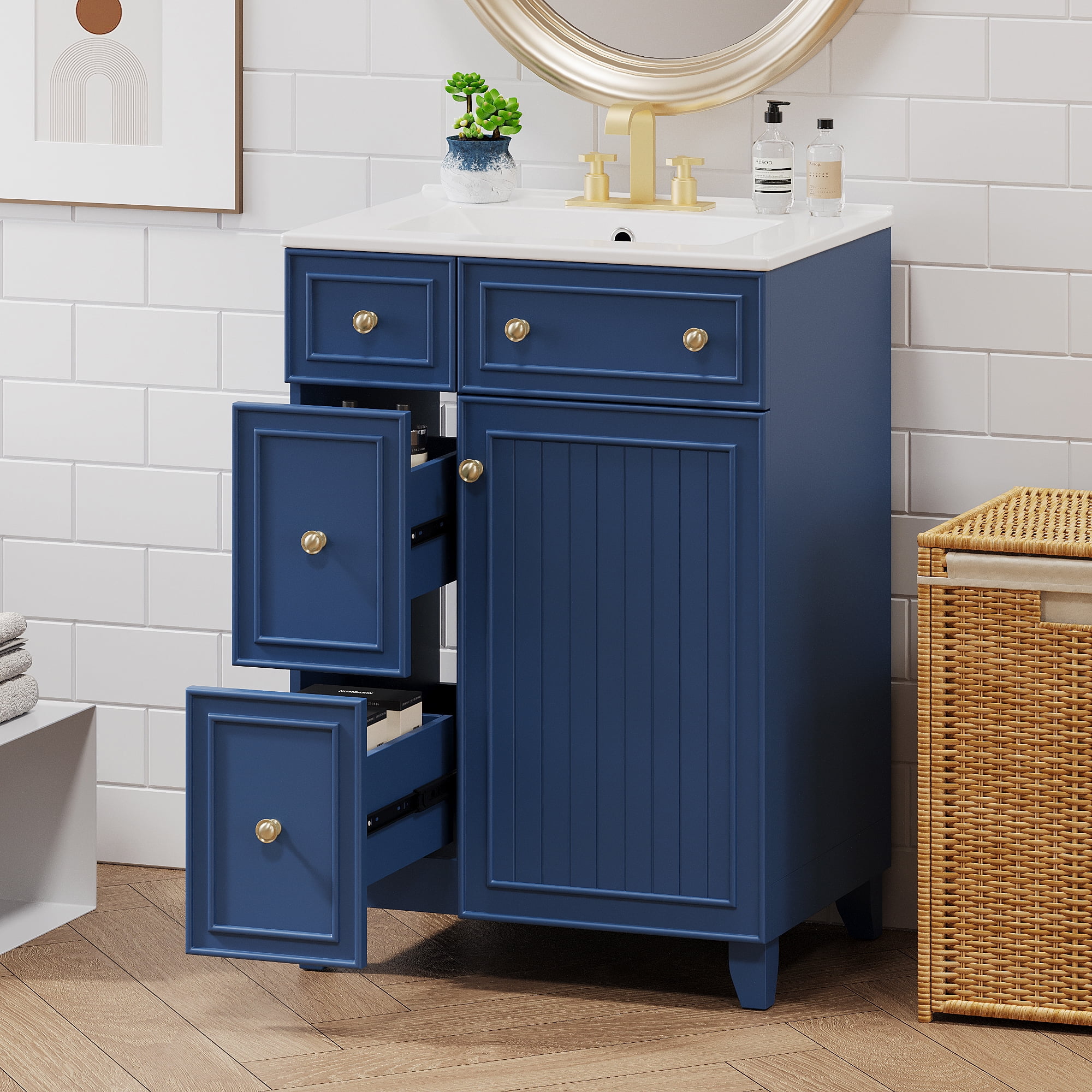 viswild 24" Bathroom Vanity Cabinet with Ceramic Sink, 2 Drawers & 1 Door, Space-Saving, Durable & Easy to Clean for Small Bathrooms, Blue