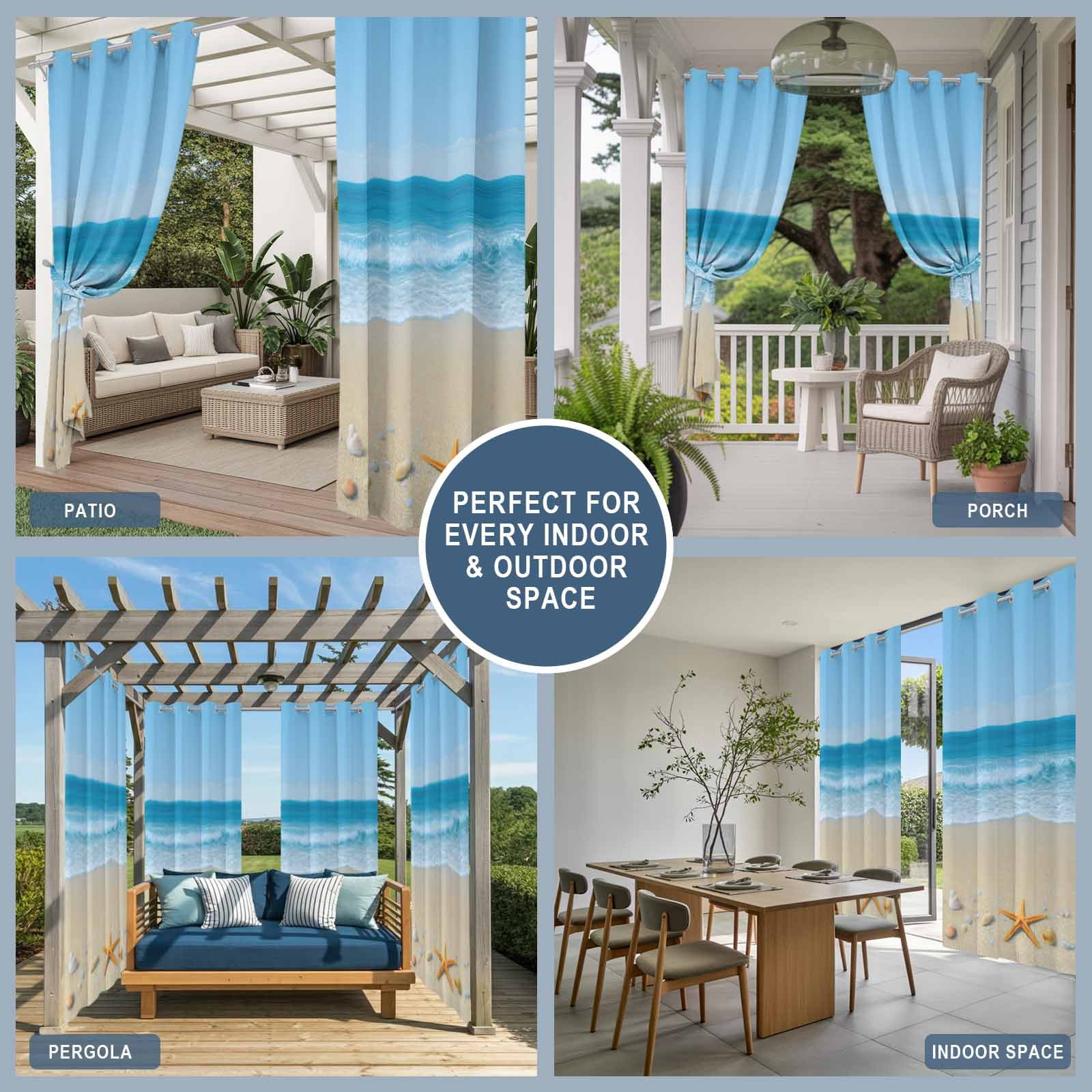 Summer Beaches Outdoor Curtains for Patio, Oceans Shells Starfish Conch Coastal Landscape Sunshade Privacy Drapes Grommet Waterproof Outside Curtains for Porch/Cabana/Balcony 54"x 108", 1 Panel