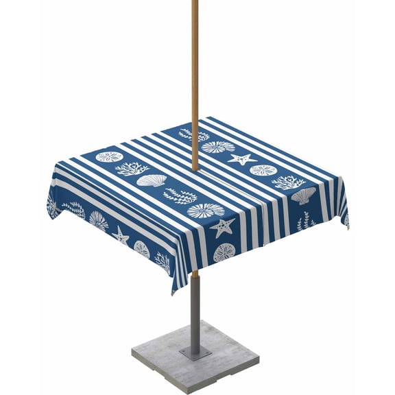 Boanket Outdoor Tablecloth with Umbrella Hole for Patio/Picnic/Party/Camping, Navy Blue Striped Coastal Waterproof Table Cloth Square Cover Washable, Nautical Beach Starfish Shell (60"x 60")