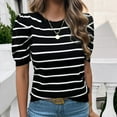 thumbnail image 5 of SWSMCLT Women's Soft Knit Tshirt Striped Puff Sleeve Casual Crewneck Knitted Tee Top Short Sleeve Sweater Fall Fashion Cute Loose Spring Black Medium, 5 of 5