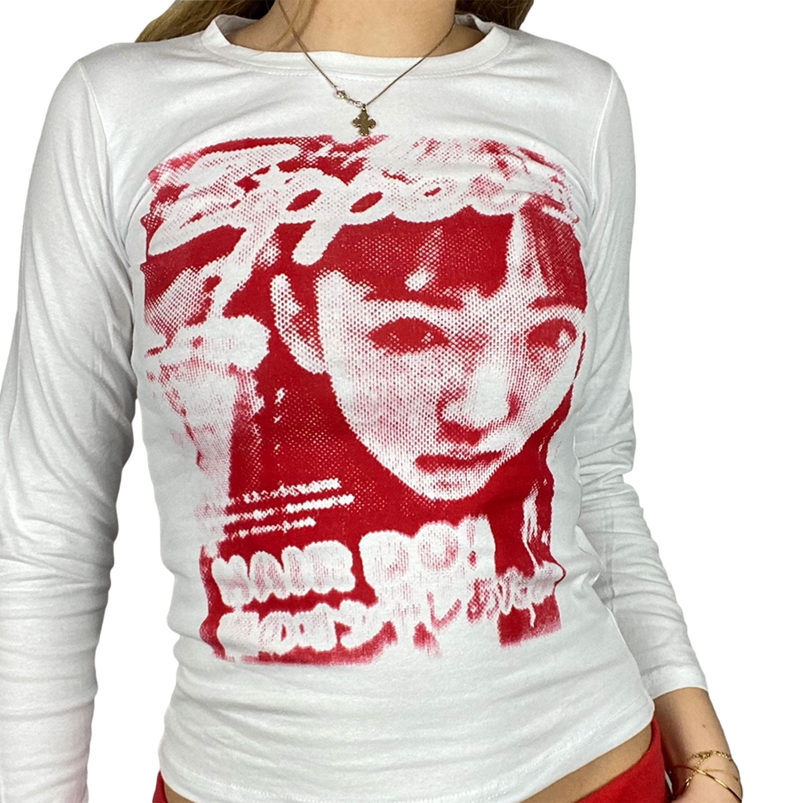 Womens Face Portrait Print Crop Top Y2K E-Girls 90s Long Sleeve
