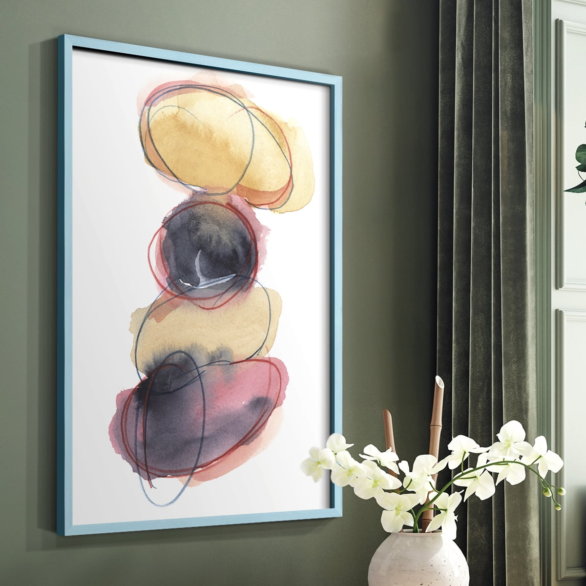 Balancing Act II Framed Print in Blue Solid Wood Framed Print No Nail Hanging