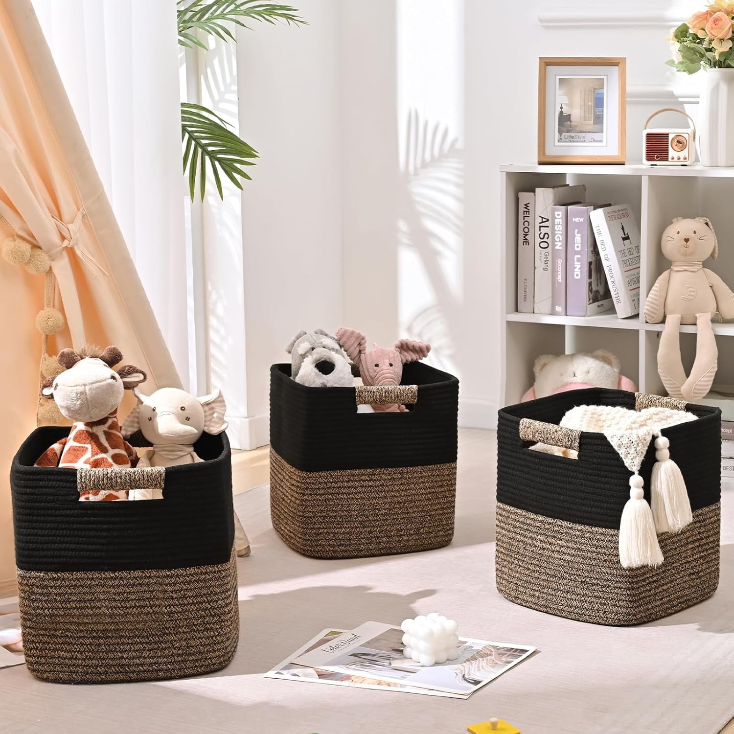 Natubeau 3 Pack Woven Storage Basket for Shelves, Cube Storage Bins, Cotton Rope Woven Baskets for Organizing, 11 Inch, Black