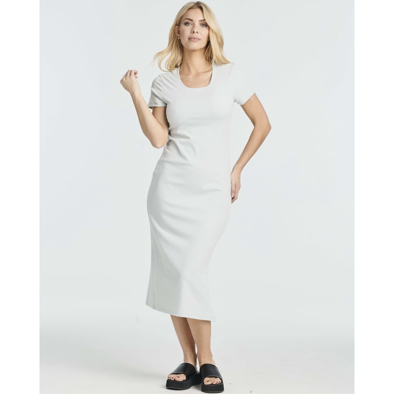 knee length dresses for ladies Rent Topshop Rib Bleach Wash Scoop Neck Jersey Midi Dress In Grey And Pink