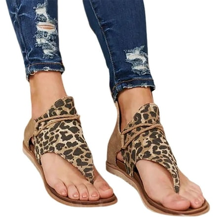 Kitem 1 Pair Back Zipper Flats Heel Open Toe Beach Sandals Leopard Patchwork Clip-Toe Women Shoes Walking Shoes