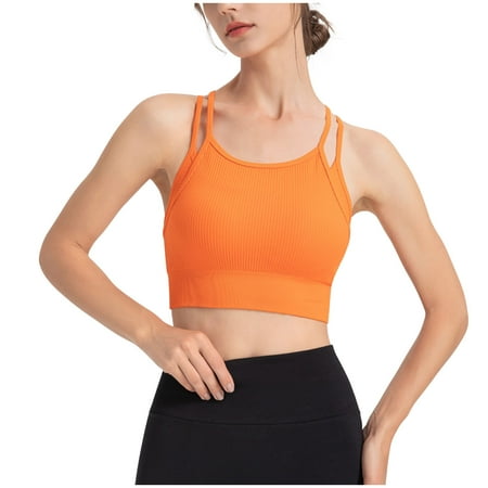 Bigersell Workout Crop Tops for Women Strappy Back Wireless Yoga Sports Bras Ribbed Sleeveless Cropped Tank Tops with Built in Bras Pull-On Closure Padded Bra Wire-Free Bralette Orange L