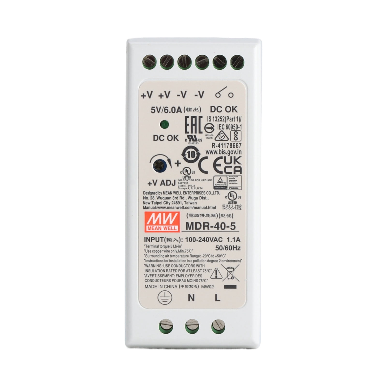 Feedannce 5V 6A 30W DIN Rail Power Supply, Industrial Automation, MEAN WELL MDR-40-5
