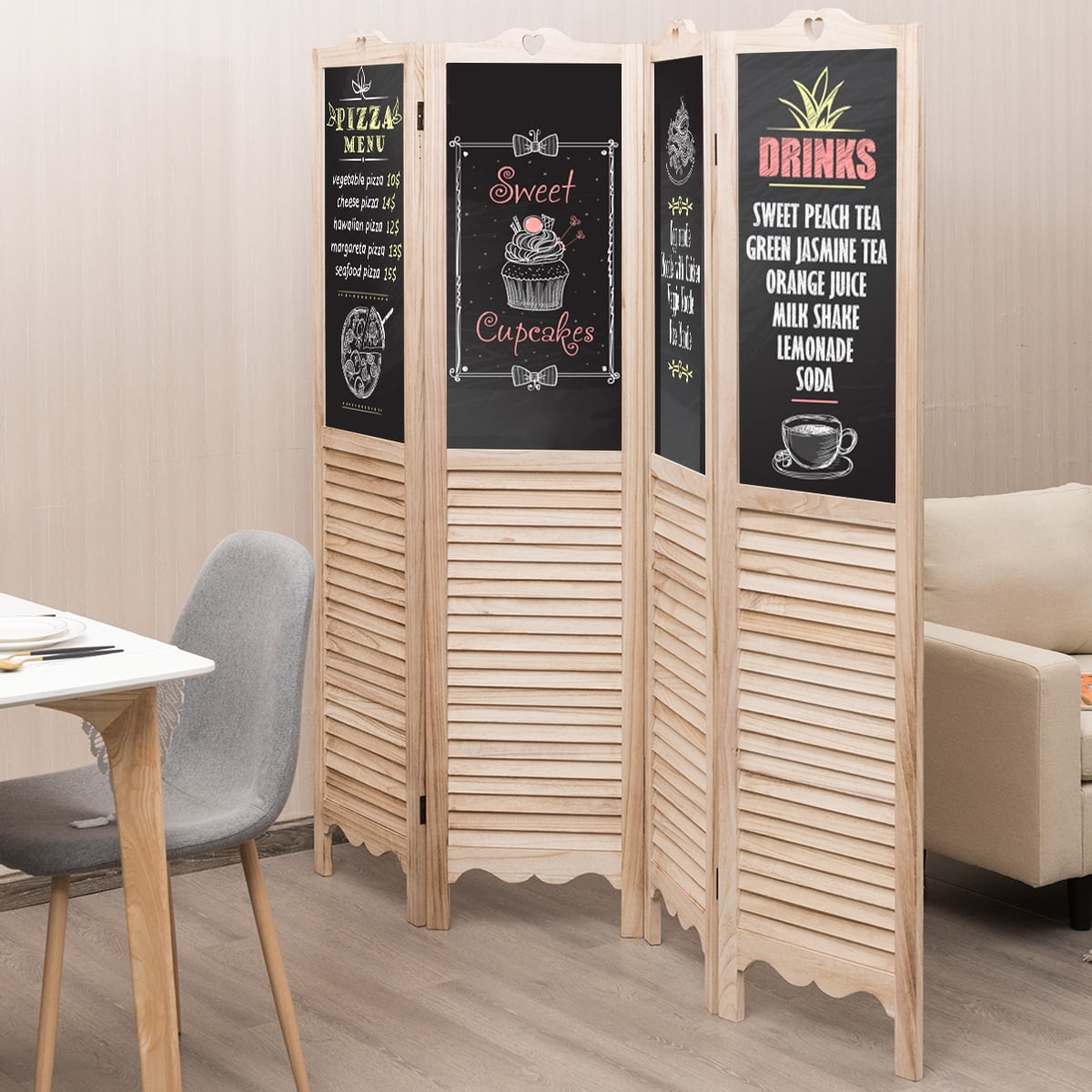 Costway 4-Panel Folding Divider Screen W/Chalkboard 5.7Ft Tall Natural