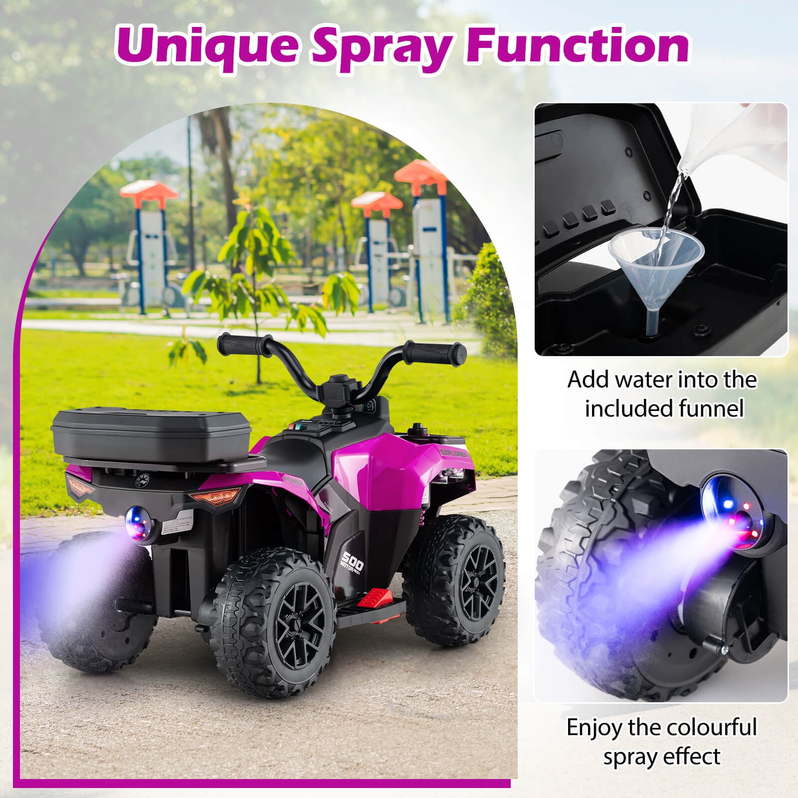 Infans 6V Kids Ride On ATV w/ Music & Spray Function USB Port Storage Box Toy Car