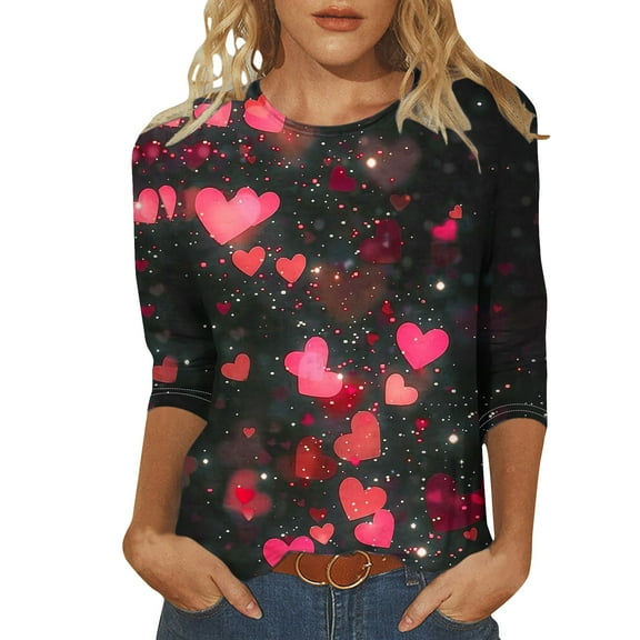 Tbopshirt Valentine's Day T-Shirts for Women 3/4 Sleeve Casual Crewneck Loose Graphic Tees Summer Plus Size Tops,S-XXXXXL