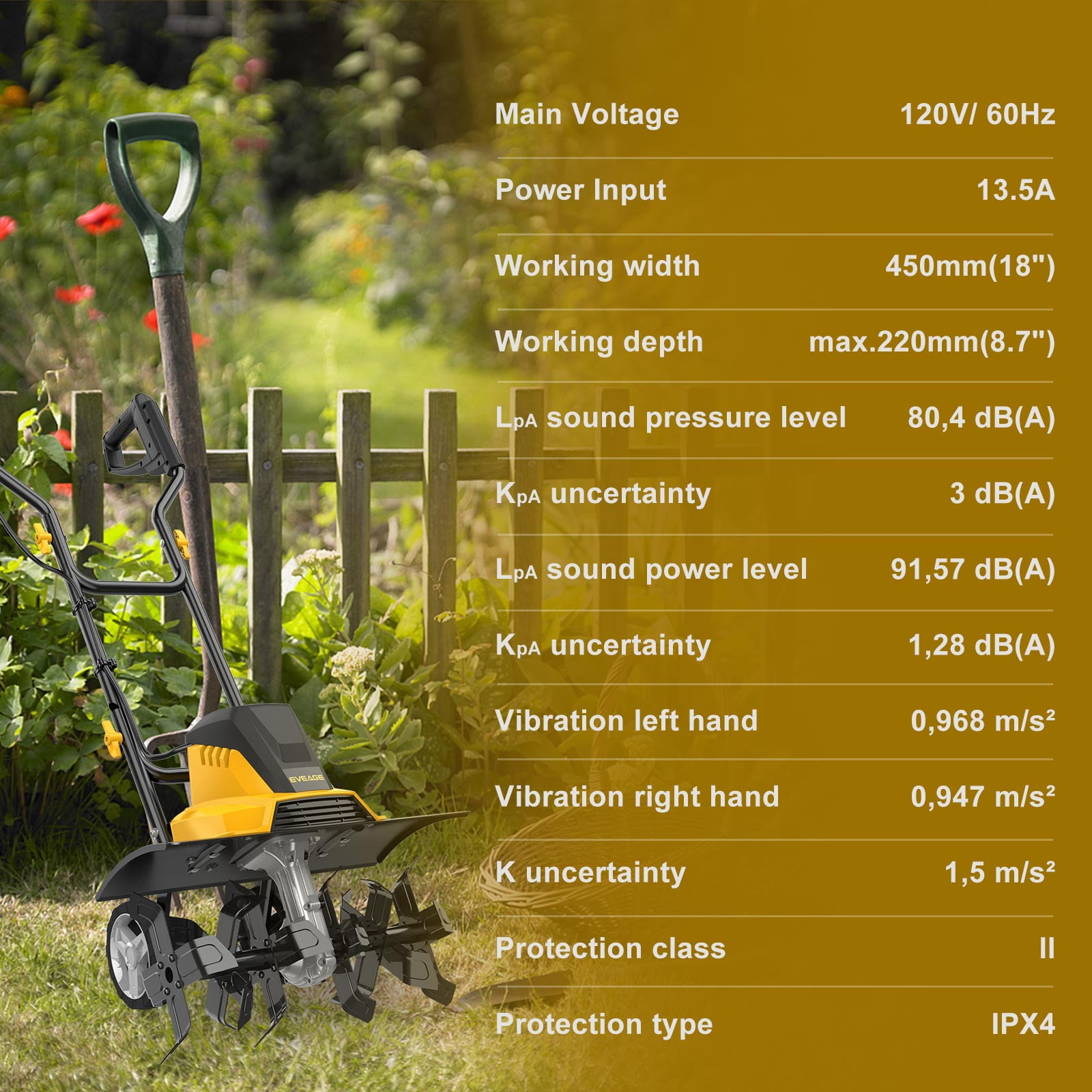 EVEAGE Electric Tiller,18 in Power Tillers and Cultivators Electric,13.5AMP Rototiller Cultivator,Yellow