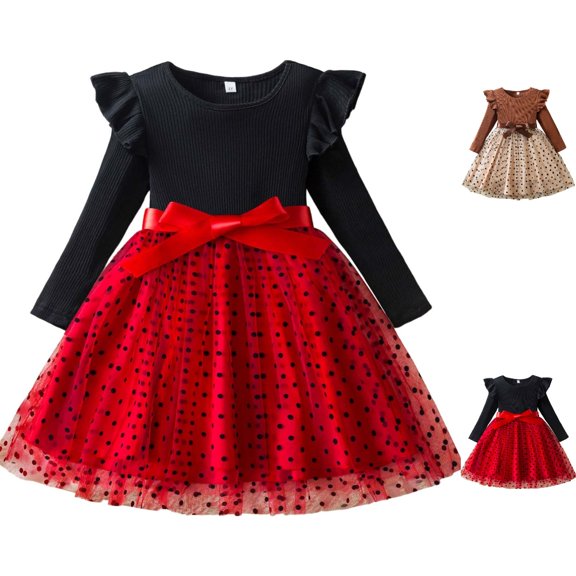 HJYCHN Dresses for Girls Long Sleeve Mesh Party Dress with Bow and Ruffled Shoulders for Dress for Girls 5-6 Years