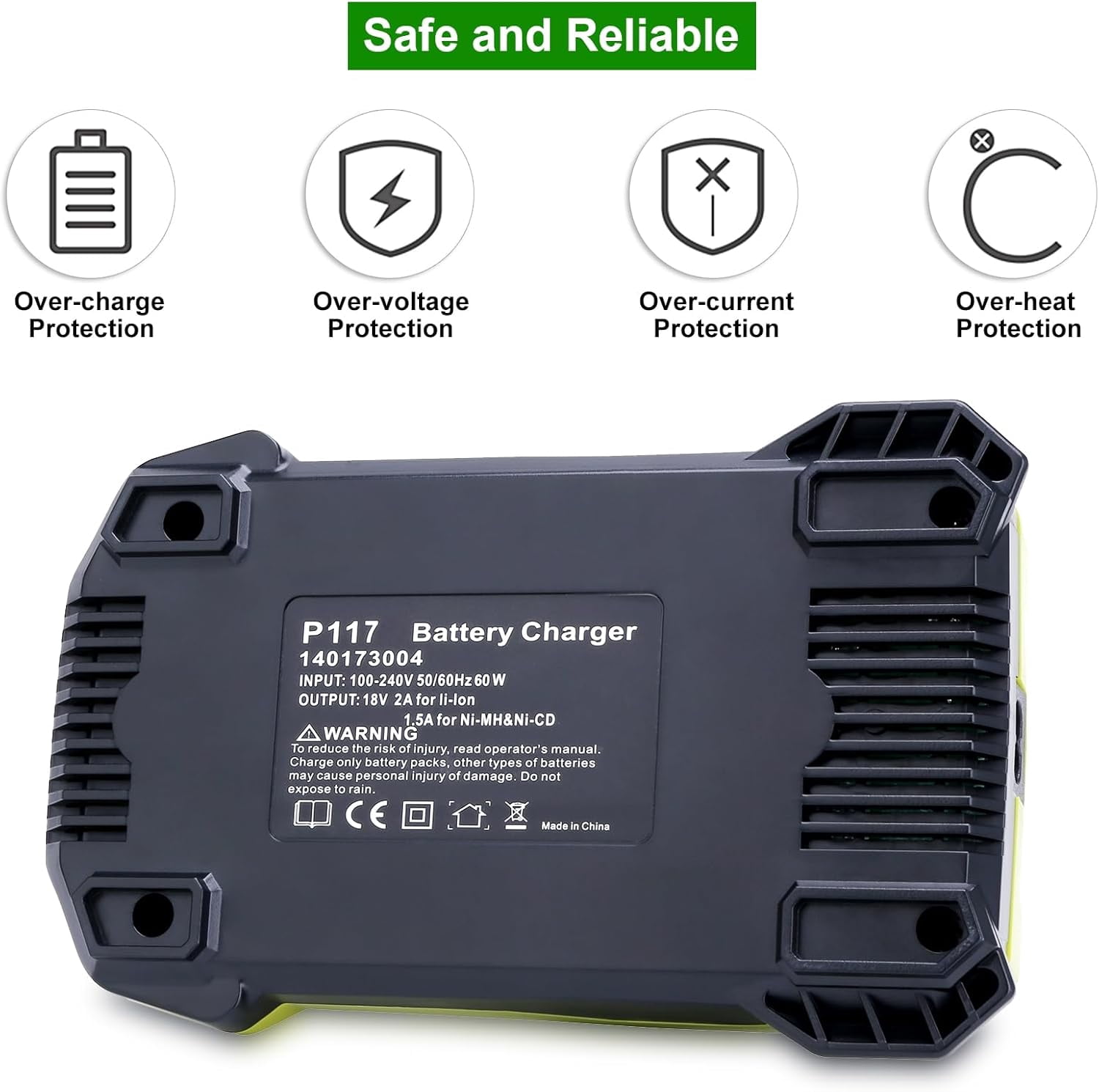 Compatible with Ryobi 18V Battery Charger, P117 Rapid Charger Compatible with Ryobi 12V-18V ONE+ Lithium, NI-CD & NI-MH Battery PBP2005 PBP002 PBP005 PBP006 P193 P108 P103 P102 P100