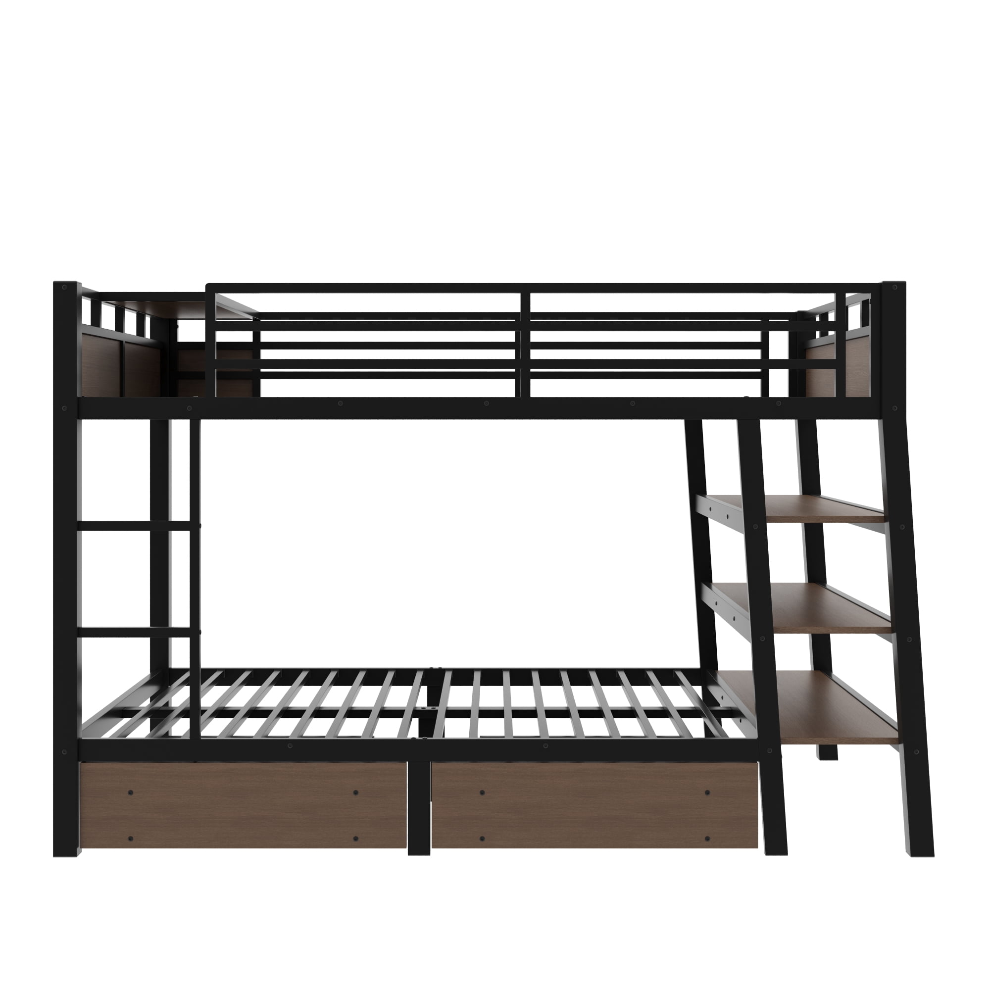 Leumius Full Size Metal Bunk Bed with 2 Storage Drawer,Heavy Duty Metal Bed Frame with Storage Shelves , LED light Strip and USB Power Strip,Black