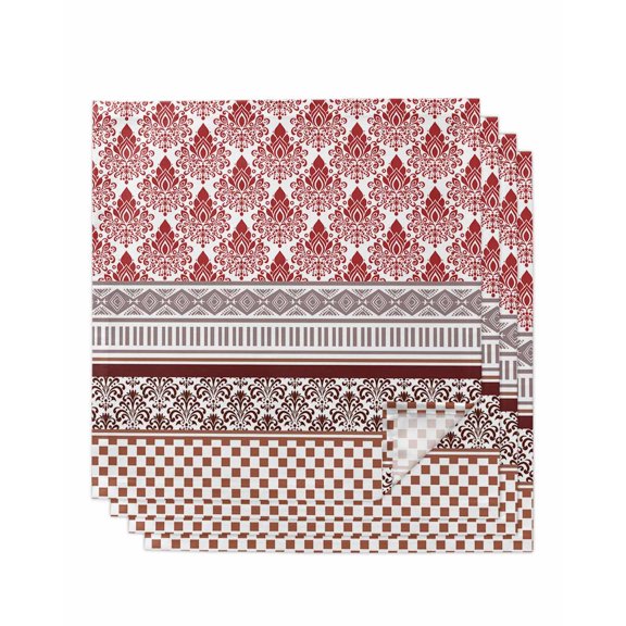 nqOlkjepod Red Boho Cloth Napkins Set of 4 Reusable Dinner Napkins, Geometric Stripes Middle Century Plaid Cocktail Napkin Washable Table Napkins for Wedding/Holiday Party/Baby Shower 20"x20"