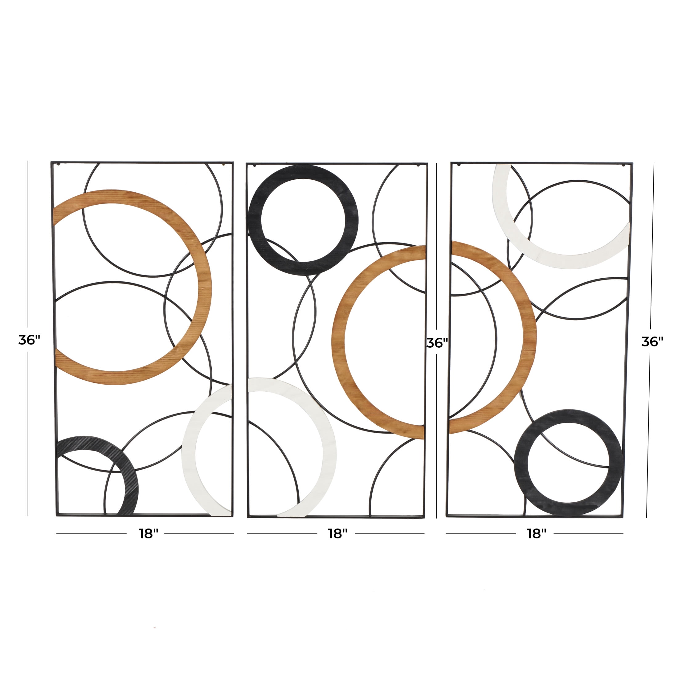 DecMode Black Metal Overlapping Circles Geometric Wall Decor with Brown and White Wooden Accents (3 Count)