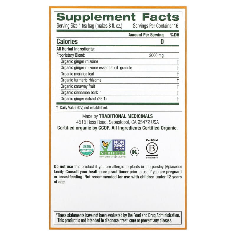 Traditional Medicinals, Organic Ginger Aid, Caffeine Free, 16 Wrapped Tea Bags, 1.13 oz Pack of 4
