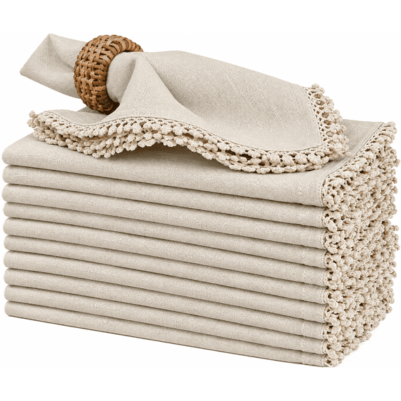 Bedding Craft Cotton Dinner Napkins Lace Selvedge Edge Soft Reusable Dining Table Napkins Absorbent Fabric Oatmeal 18 x 18 in Set of 12