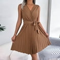 thumbnail image 2 of VSSSJ Women's Cross V Neck Sleeveless Tunic Mini Pleated Dresses Solid Color Belted Slim Elegant A-Line Swing Summer Short Dress Khaki L, 2 of 7