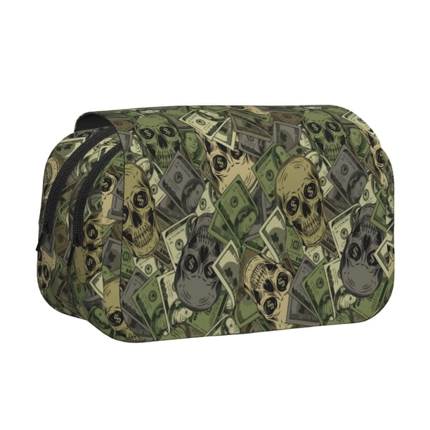 Disketp Green Skulls Estuche de Lápices de Doble Capa con Tapa Abatible y Cremallera, Organizador Escolar para Adolescentes y Adultos