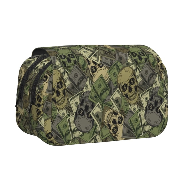 Disketp Green Skulls Estuche de Lápices de Doble Capa con Tapa Abatible y Cremallera, Organizador Escolar para Adolescentes y Adultos