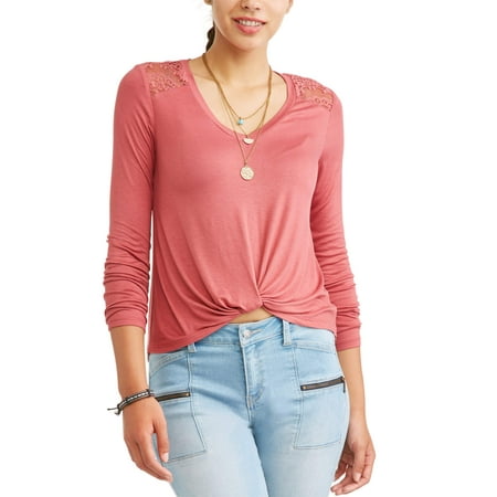 - Self Esteem Juniors' Twist Front Crochet Lace Yoke T-Shirt with Necklace 2Fer